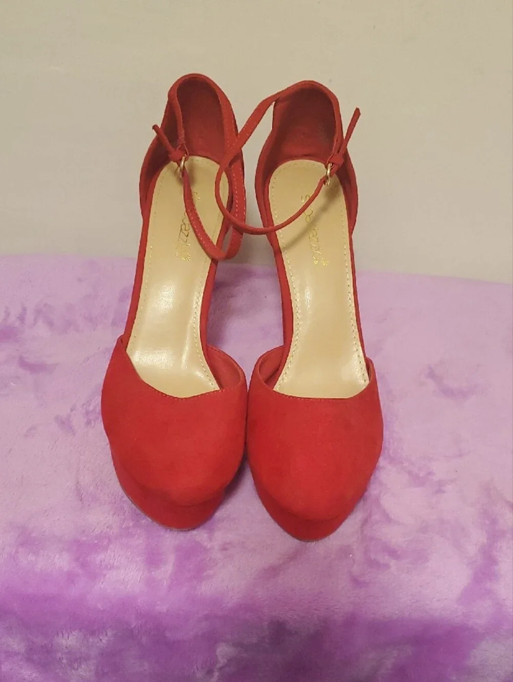Shoe Dazzle Red Suede Ankle-Strap Platform Heels